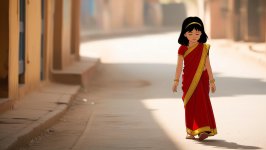 An animated image of a tired girl walking in a street, wearing saree- don't show the people in...jpg