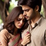 a realistic image of a girl with saree crying on her boyfriend's shoulder.jpeg